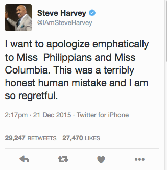 TV Host Steve Harvey posts apology after epic fail and misspells Colombia