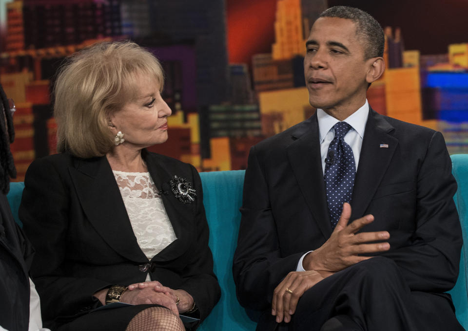 Barbara Walters listens as US President Barack Obama speaks during a break in a taping of 'The View' at ABC Studios September 24, 2012 in New York, New York.  Obama is traveling for a two day trip to New York City where he will participate in a taping of 'The View' before attending the United Nations General Assembly and related events.  AFP PHOTO/Brendan SMIALOWSKI        (Photo credit should read BRENDAN SMIALOWSKI/AFP/GettyImages)