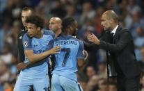 Britain Soccer Football - Manchester City v Borussia Monchengladbach - UEFA Champions League Group Stage - Group C - Etihad Stadium, Manchester, England - 14/9/16 Manchester City's Leroy Sane comes on as a substitute to replace Raheem Sterling as Manchester City manager Pep Guardiola looks on Action Images via Reuters / Carl Recine Livepic