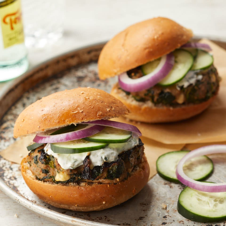 Greek Turkey Burgers with Spinach, Feta & Tzatziki