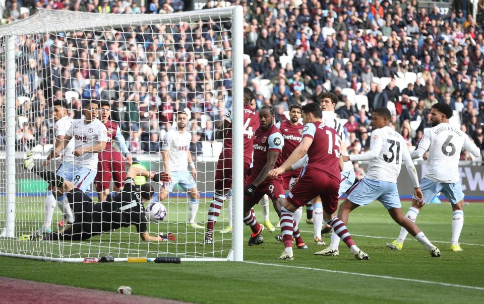 West Ham United's Michail Antonio scores but the goal was ruled out by VAR during the Premier League match between West Ham United and Aston Villa at London Stadium on March 17, 2024 in London, United Kingdom