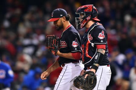 Oct 26, 2016; Cleveland, OH, USA; Cleveland Indians pitcher Danny Salazar (left) meets with catcher Roberto Perez in the 6th inning against the Chicago Cubs in game two of the 2016 World Series at Progressive Field. Mandatory Credit: Ken Blaze-USA TODAY Sports