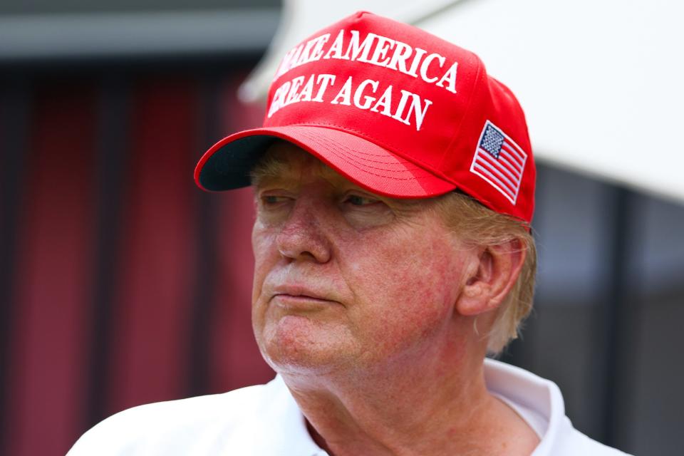 DORAL, FLORIDA - APRIL 07: Former U.S. President Donald Trump looks on at the first tee during day three of the LIV Golf Invitational - Miami at Trump National Doral Miami on April 07, 2024 in Doral, Florida. (Photo by Megan Briggs/Getty Images)