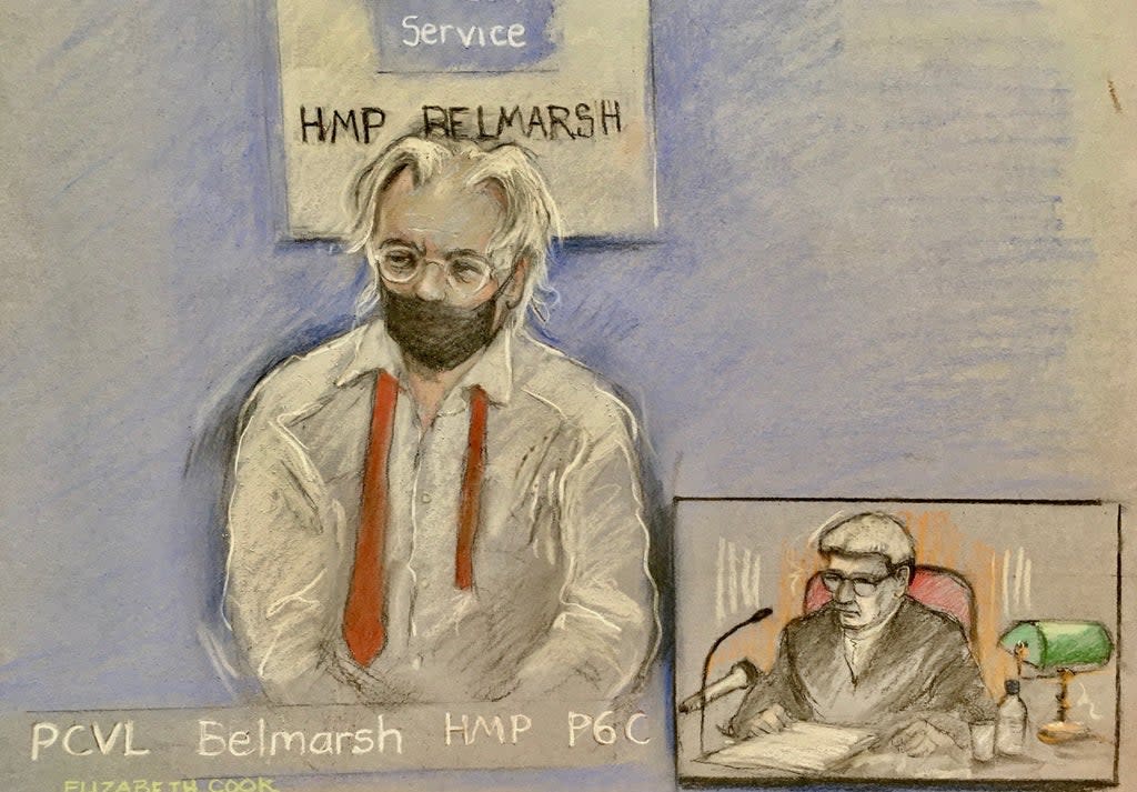 Court artist sketch by Elizabeth Cook of Julian Assange (left) (Elizabeth Cook/PA) (PA Wire)