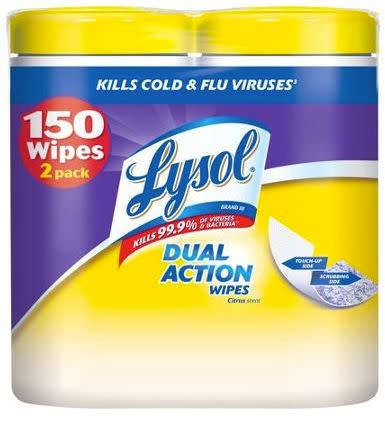 Lysol Dual Action Citrus Scent Disinfecting Wipes, 75 count, (Pack of 2), <a href="http://www.walmart.com/ip/Lysol-Dual-Action-Citrus-Scent-Disinfecting-Wipes-75-count-Pack-of-2/21098628?action=product_interest&action_type=title&placement_id=irs_top&strategy=PWVUB&visitor_id=JHmuFE7faaiVeUxDmJttAw&category=&client_guid=a180b352-a7b2-4d8b-873d-d2d2bb48a39f&customer_id_enc=&config_id=106&parent_item_id=13908112&guid=5d49e986-ac2e-4011-9c9d-c78ae04d0755&bucket_id=irsbucketdefault&beacon_version=1.0.0&findingMethod=p13n" target="_blank">walmart.com</a>, $7.39