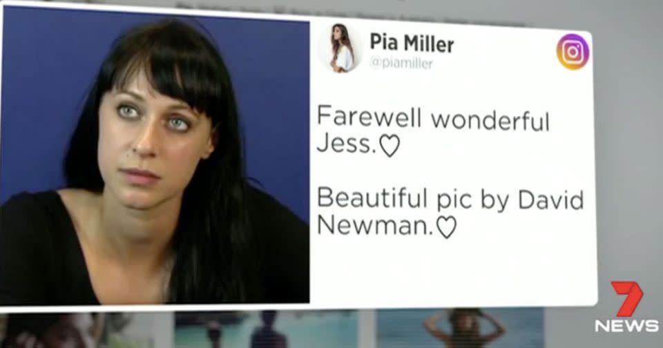 Pia Miller's tribute to Jessica Falkholt on social media. Source: 7 News