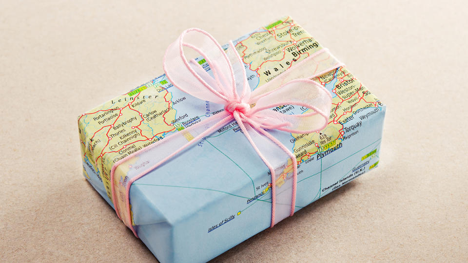 gift card in a box wrapped with a paper map: how to wrap a gift card