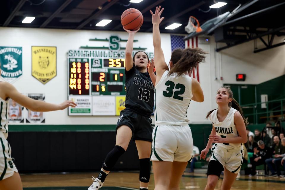 Ashley Mullet fires this runner in the lane and over the defense of Smithville's Leah Keib for two points.