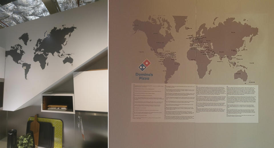 Pictured left is a map at Ikea without New Zealand and right is a wall feature in Domino’s showing all the countries with franchises – except New Zealand. Source: Reddit