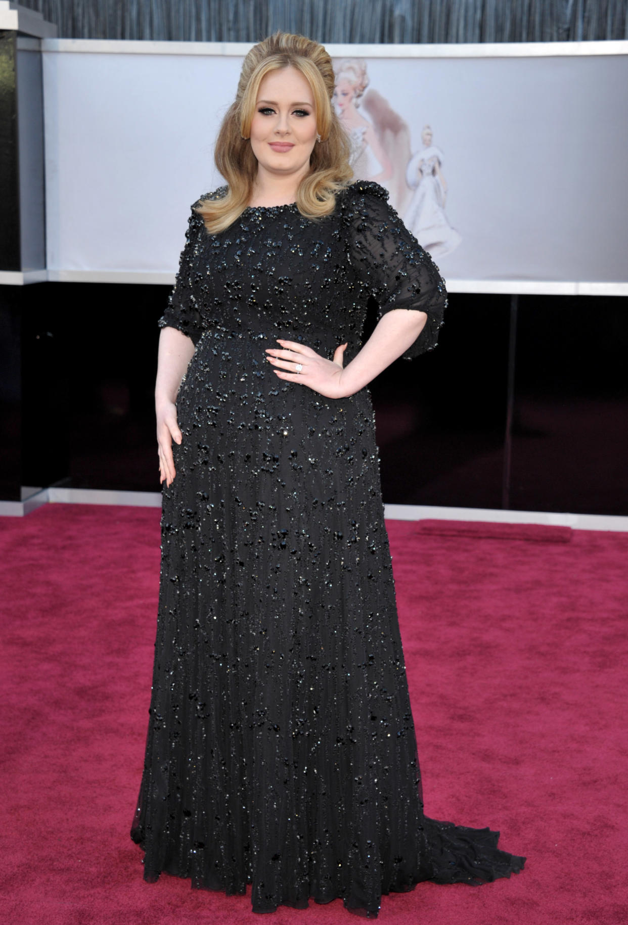 Singer Adele arrives at the Oscars at the Dolby Theatre on Sunday Feb. 24, 2013, in Los Angeles. (Photo by John Shearer/Invision/AP)