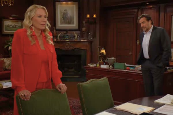 Brooke is gutted for her daughter that Thomas left with Douglas and barely talking to Hope about it. Ridge thinks Thomas did what he had to do. It’s too hard for him to be around Hope. And Douglas wanted to go.