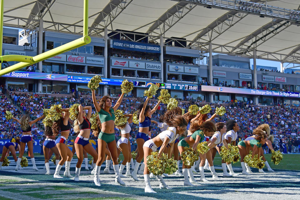 <p>The Charger Girls perform during the game between the Los Angeles Chargers and Buffalo Bills at StubHub Center on November 19, 2017 in Carson, California. (Photo by Harry How/Getty Images) </p>