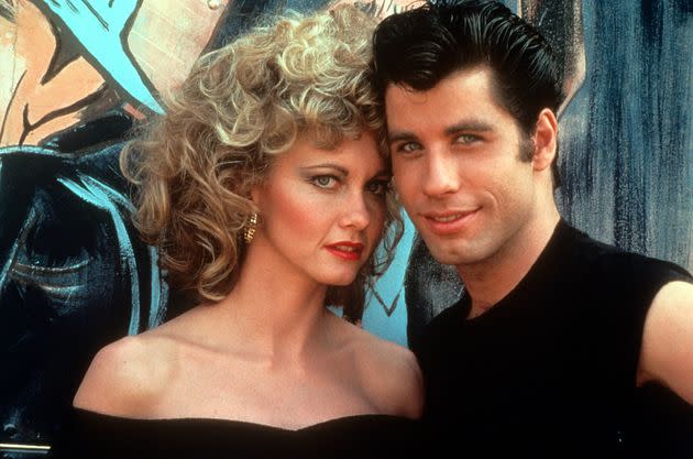Olivia Newton John and and her co-star John Travolta in a scene from 