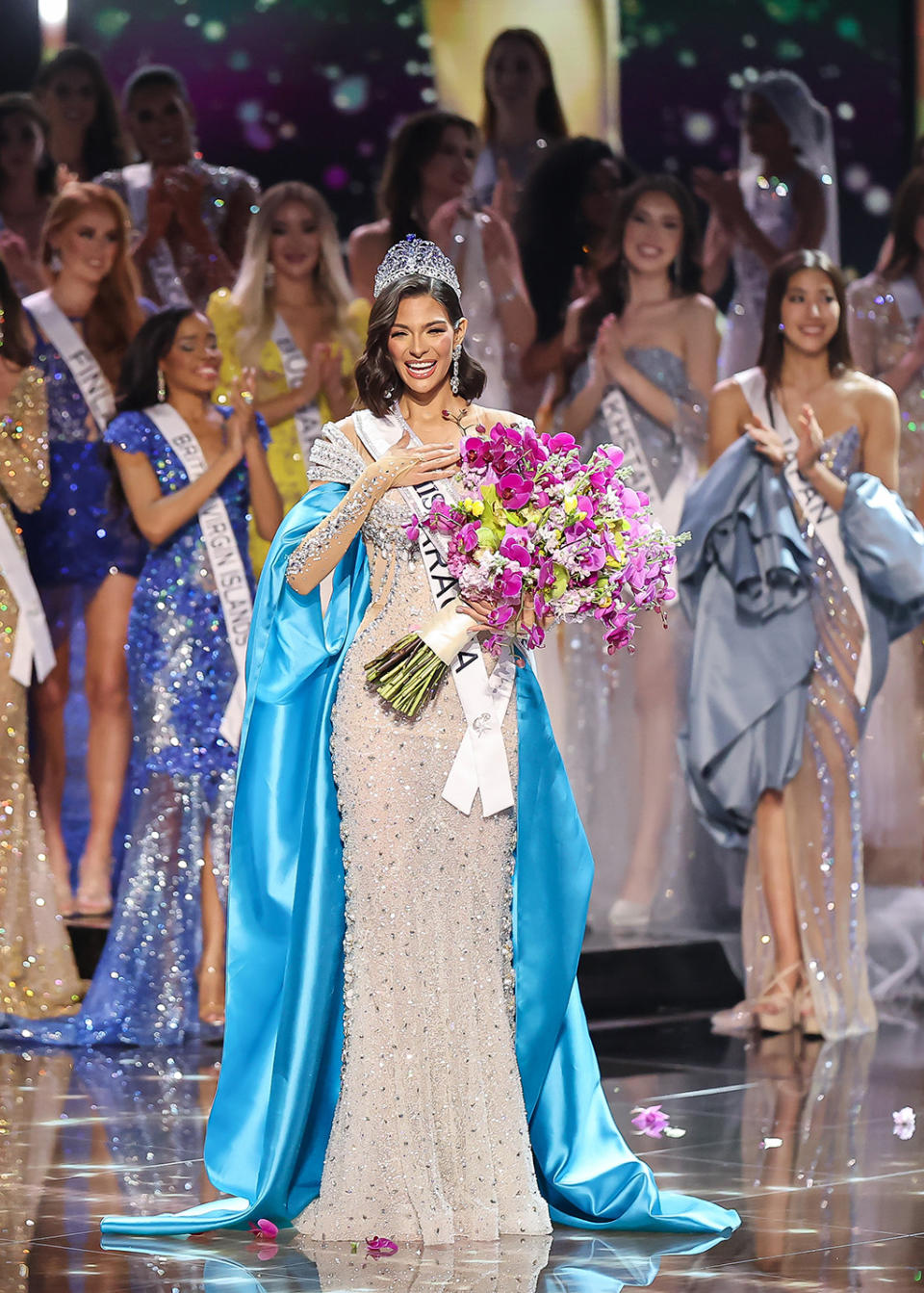 Miss Nicaragua Sheynnis Palacios, Miss Universe 2023, crown, gown, platform heels.