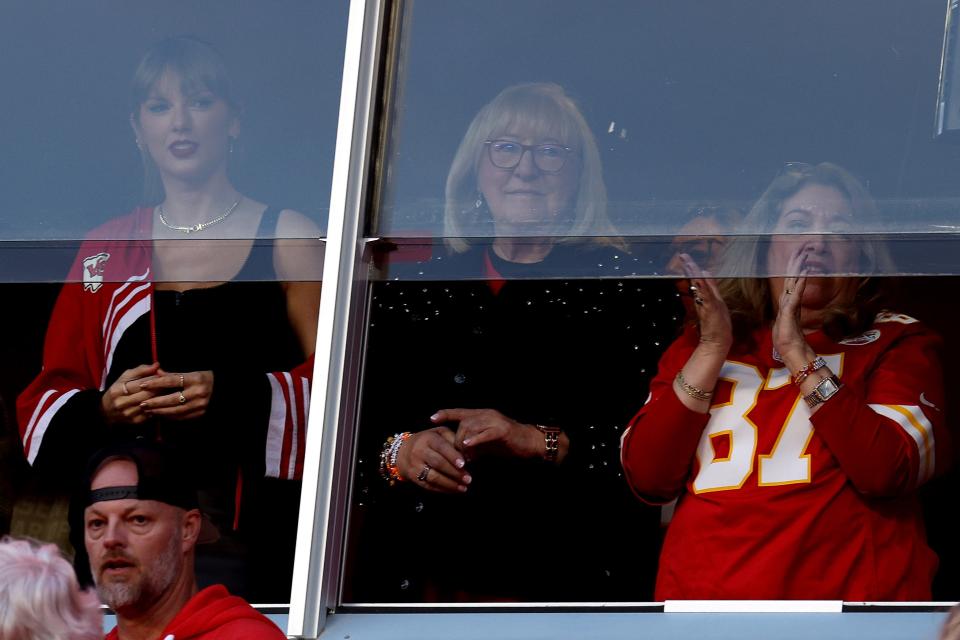 Taylor Swift and Donna Kelce look on before the game between the Kansas City Chiefs and the Denver Broncos at GEHA Field at Arrowhead Stadium on Oct. 12, 2023.