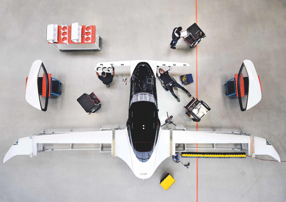 A handout picture from Munich flying taxi startup Lilium shows its five-seater prototype in Munich, Germany, October 10, 2019. Lilium says they achieved speeds of more than 100 km/h in test flights, as it announces investments to build hundreds of the aircraft with a view to commercial launch in 2025. Picture taken October 10, 2019.      Lilium/Handout via REUTERS        THIS IMAGE HAS BEEN SUPPLIED BY A THIRD PARTY.