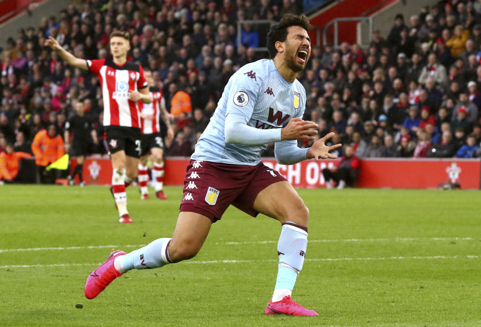 Aston Villa's Trezeguet reacts after a missed chance against Aston Villa during their English Premier League soccer match at St Mary's Southampton, England, Saturday Feb. 22, 2020. (Mark Kerton/PA via AP)