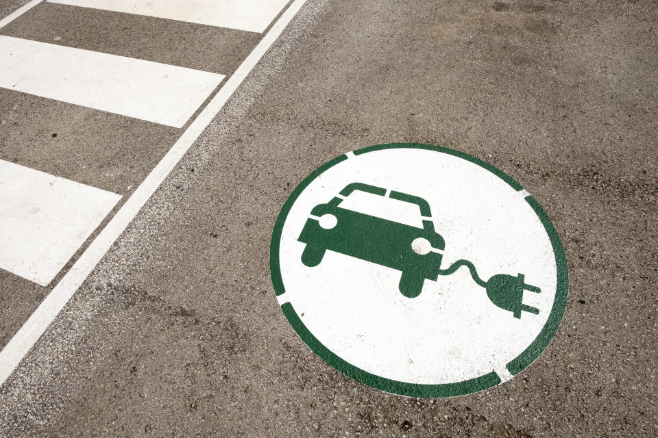 symbol indicating a place to charge an electric car with energy in Catalonia Spain