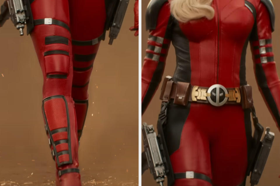 Close-up of two unknown people in red and black superhero costumes with tool belts and weapons