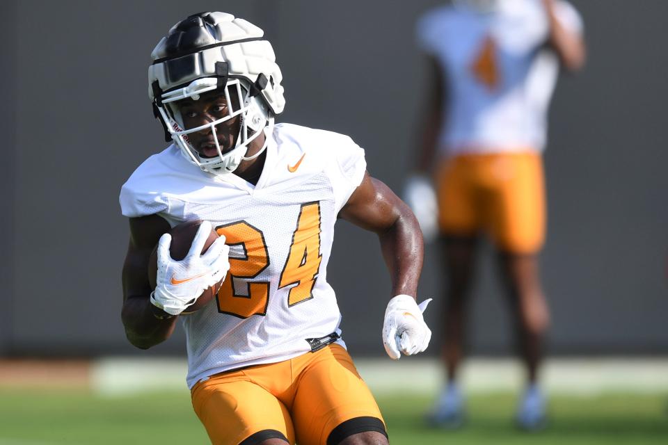 Tennessee’s Dylan Sampson (24) participates in a drill during the second day of Tennessee football practice at Anderson Training Facility in Knoxville, Tuesday, Aug. 2, 2022.