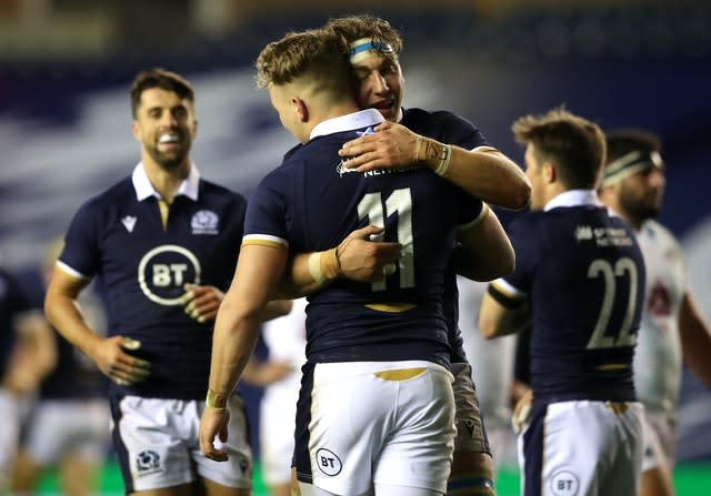 Duhan Van der Merwe, left, scored Scotland's sixth try 