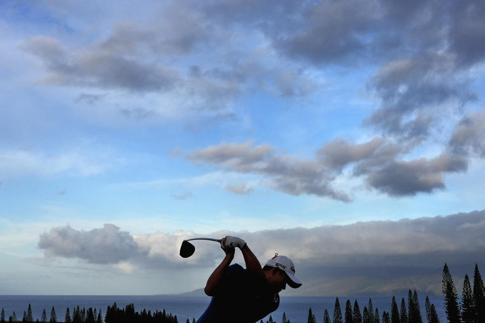 Collin Morikawa hits from the first tee during the first round of The Sentry golf event, Thursday, Jan. 4, 2024, at Kapalua Plantation Course in Kapalua, Hawaii. (AP Photo/Matt York)