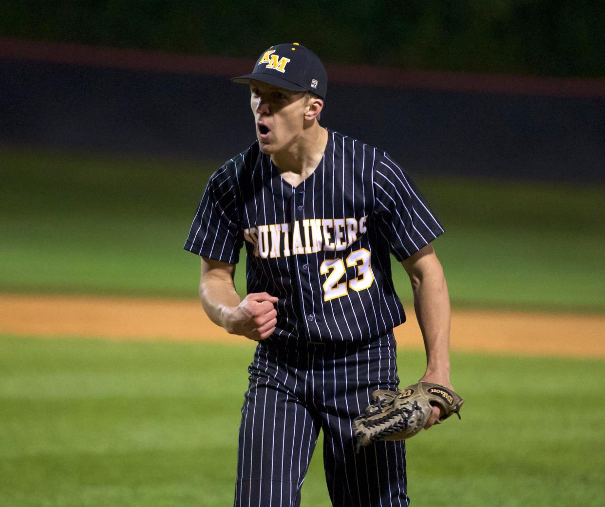 Kings Mountain's Charlie Morton pumps his fist after earning a big out in his team's April 8, 2022 matchup at South Point.