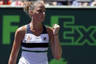 Mar 30, 2017; Miami, FL, USA; Karoilina Pliskova of the Czech Republic gestures after winning the first set against Caroline Wozniacki of Denmark (not pictured) in a women's singles semi-final during the 2017 Miami Open at Crandon Park Tennis Center. Geoff Burke-USA TODAY Sports