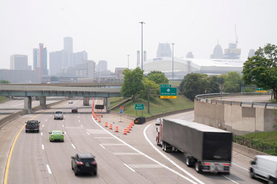 Due to the residual smoke from Canadian fires, the air quality is seriously compromised in Detroit on Wednesday, June 28, 2023, from a foot bridge that crosses 75/375 in Detroit.