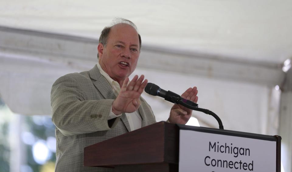 Mayor Mike Duggan talks about the infrastructure for a new Michigan Connected Corridor for self-driving cars that will run between Ann Arbor and Detroit on August 13, 2020.