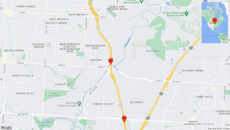 A detailed map that shows the affected road due to 'Heavy rain prompts traffic warning on southbound I-40/US-71 in Kansas City' on May 2nd at 4:08 p.m.