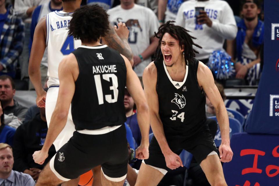 Rice forward Keanu Dawes celebrates after scoring on a dunk against Memphis on Jan. 31. Dawes, who had a Texas scholarship offer out of high school, averaged 6.6 points and 4.9 rebounds as a freshman this season.