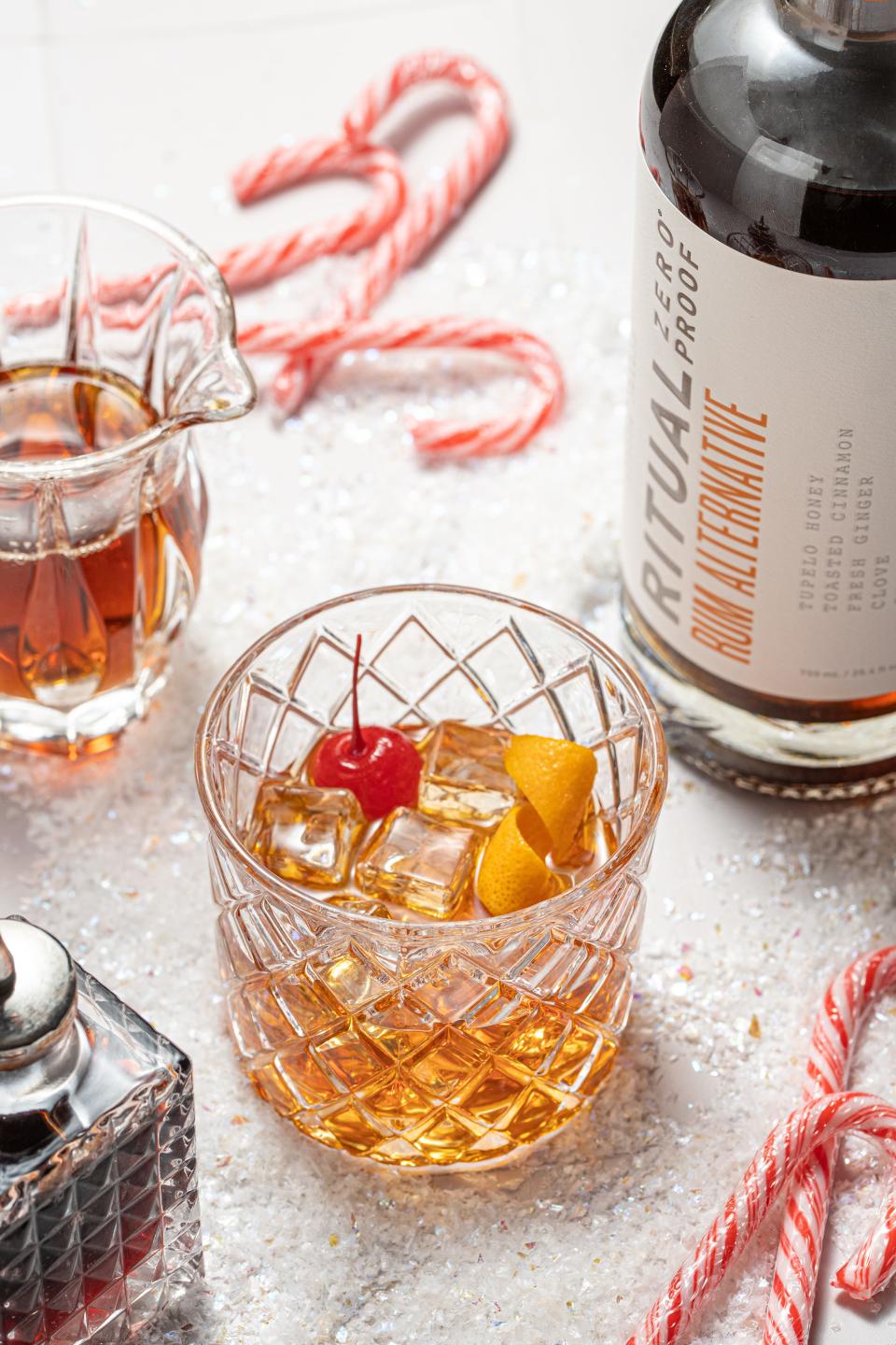 Non-alcoholic Maple Rum Old Fashioned mocktail made with Ritual Zero Proof Rum Alternative.