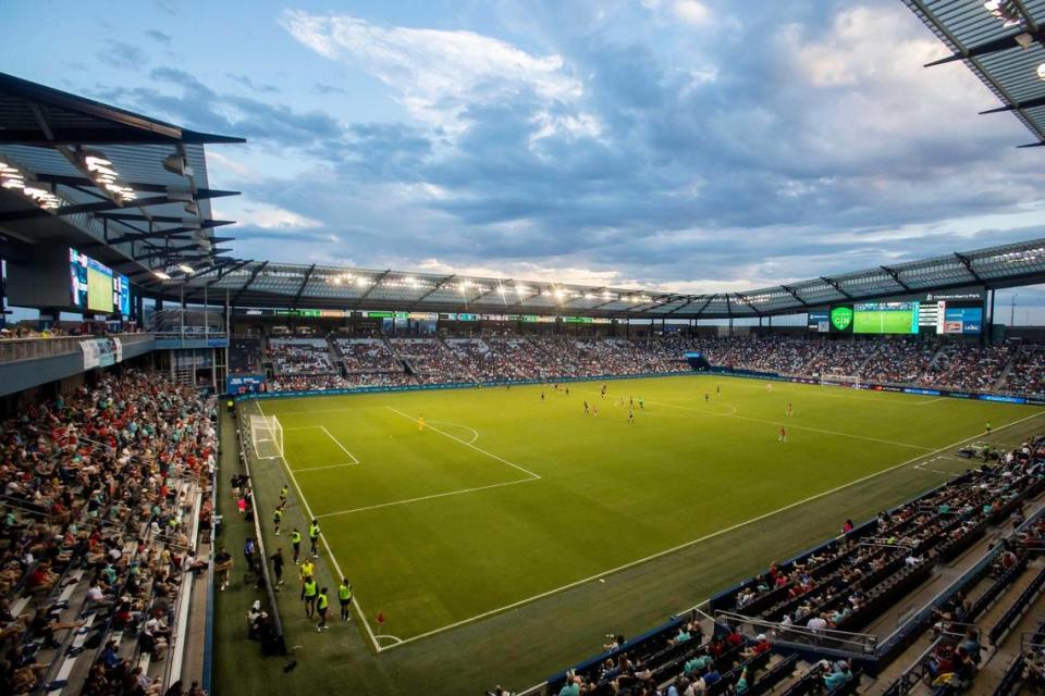 A Kansas City Current record crowd of 10,395 fans cheer on their team during the match against Angel City FC on Friday August 19, 2022 at Children’s Mercy Park in Kansas City, Kansas.