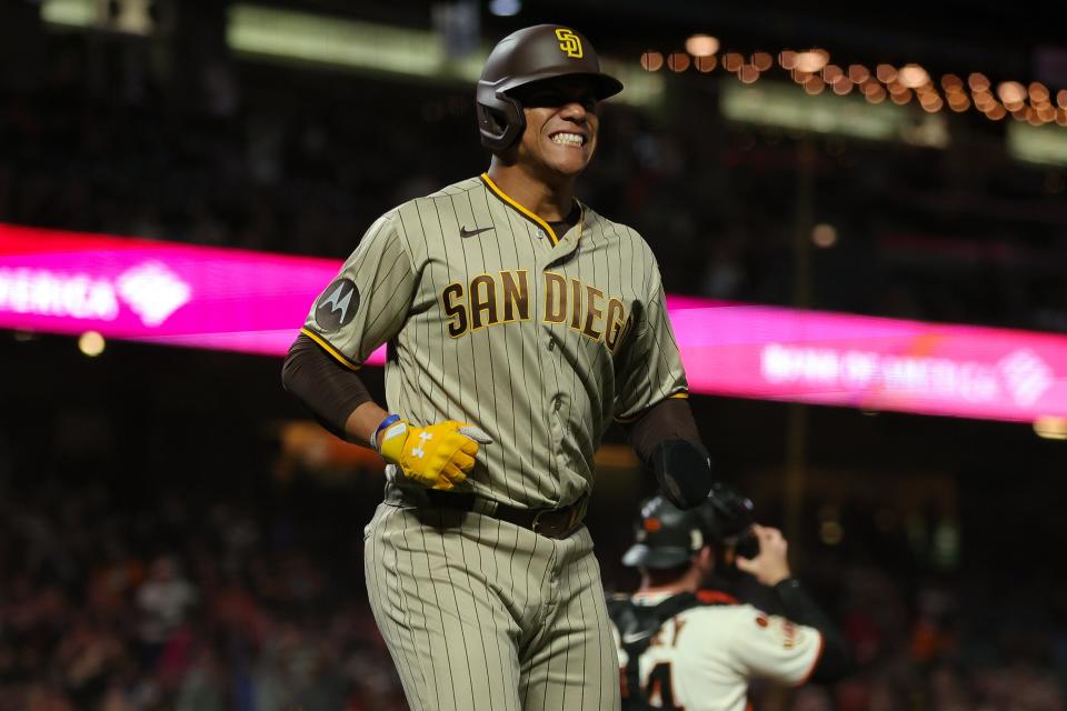 Sep 25, 2023; San Francisco, California, USA; San Diego Padres left fielder Juan Soto (22) reacts after getting called out at home plate during the ninth inning against the San Francisco Giants at Oracle Park. Mandatory Credit: Sergio Estrada-USA TODAY Sports