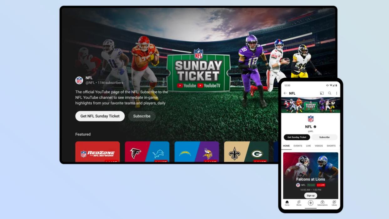  NFL Sunday Ticket on YouTube shown on a TV and phone. 