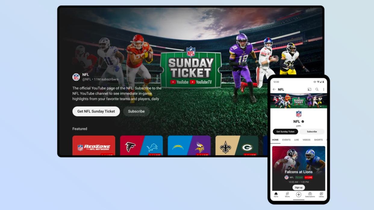  NFL Sunday Ticket on YouTube shown on a TV and phone 