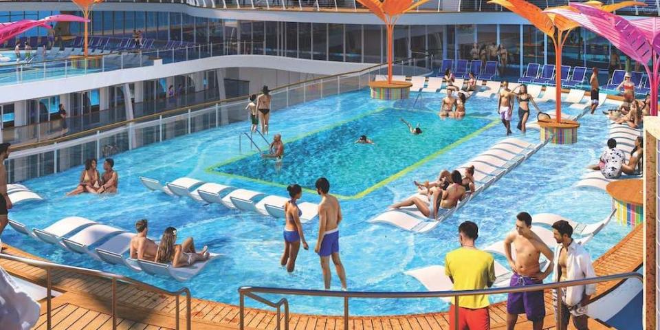 a rendering of people playing in and by the pool aboard the Wonder of the Seas