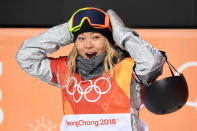 <p>Chloe Kim of the United States reacts to her first run score during the Snowboard Ladies’ Halfpipe Final on day four of the PyeongChang 2018 Winter Olympic Games at Phoenix Snow Park on February 13, 2018 in Pyeongchang-gun, South Korea. (Photo by David Ramos/Getty Images) </p>