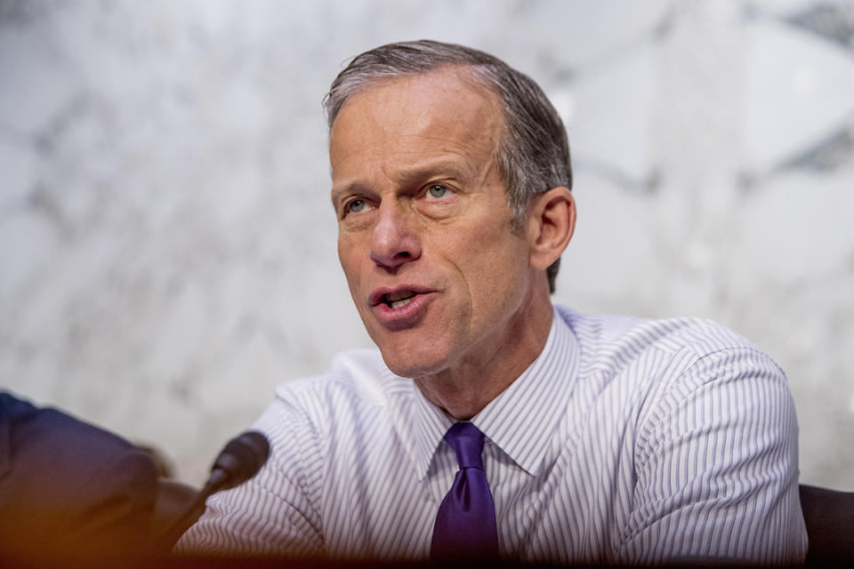 Sen. John Thune, R-S.D., questions Boeing Company President and Chief Executive Officer Dennis Muilenburg as he appears before a Senate Committee on Commerce, Science, and Transportation hearing on 'Aviation Safety and the Future of Boeing's 737 MAX' on Capitol Hill in Washington, Tuesday, Oct. 29, 2019. (AP Photo/Andrew Harnik)