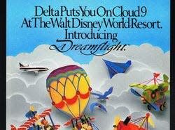 Cartoon illustration of colorful airplanes and a hot air balloon in the sky with the words "Delta puts you on cloud 0 at the Walt Disney World Resort. Introducing Dreamflight."