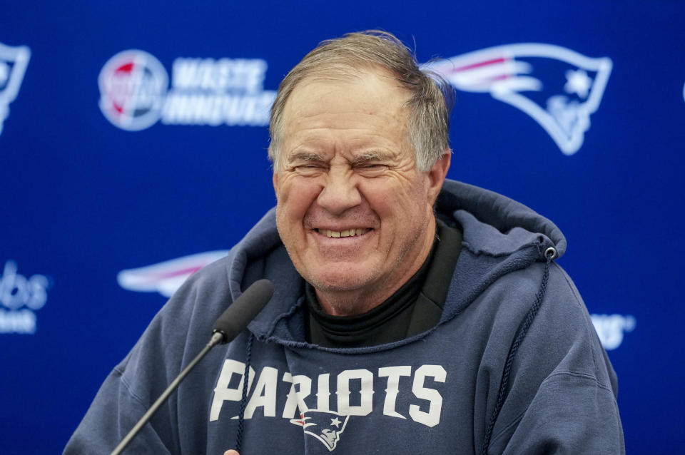 New England Patriots headcoach Bill Belichick attends a press conference in Frankfurt, Germany, Friday, Nov. 10, 2023. The New England Patriots will play against the Indiana Colts in a NFL game on Sunday. (AP Photo/Michael Probst)