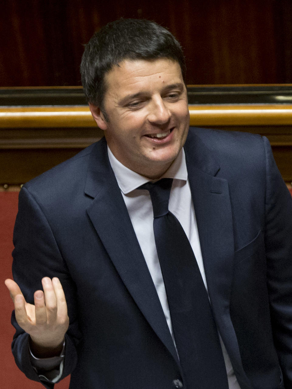 Premier Matteo Renzi delivers his speech prior to a confidence vote, at the Senate, in Rome, Monday, Feb. 24, 2014. Renzi is pitching for support in Parliament ahead of mandatory confidence votes on his brand-new coalition. Democratic Party leader Renzi told the Senate Monday he needs support for a "bold vision" that will get economically stagnate Italy dreaming again. Without giving details, Renzi said debt-laden Italy must heal its public finances not because Germany's leader, Angela Merkel or the European Central Bank chief want us "to get serous" but because "it's our children" who seek a future. (AP Photo/Andrew Medichini)