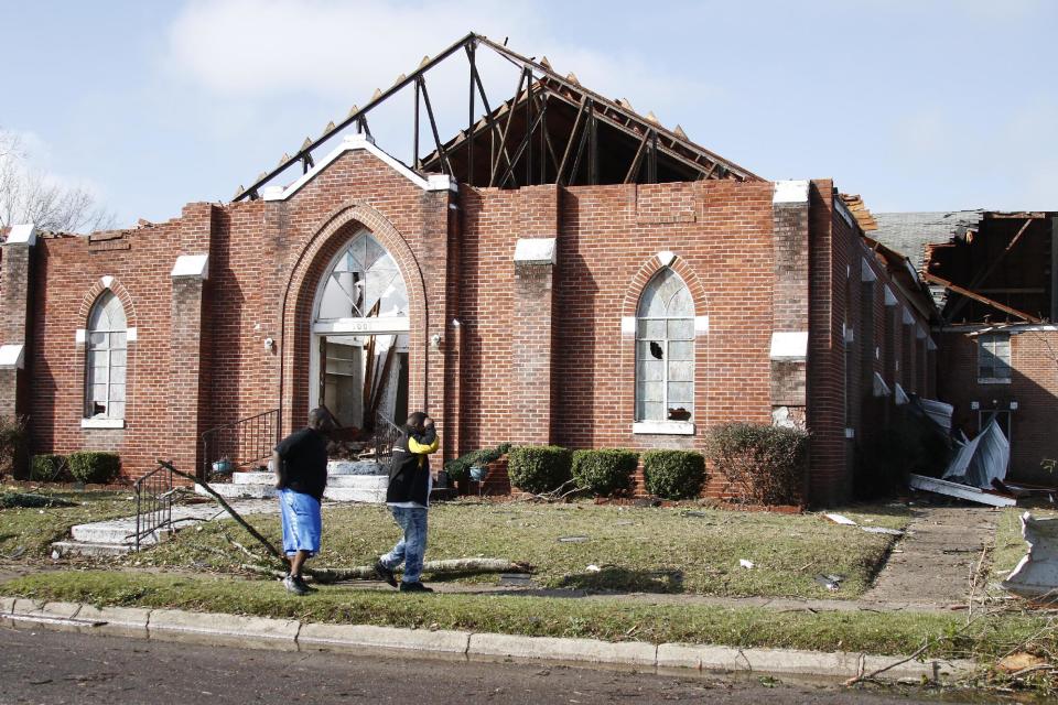 Little remains undamaged of Cottrell Memorial CME Church after a morning tornado hit early Saturday, Jan. 21, 2017 in south Hattiesburg, Miss. Its room was heavily damaged, allowing rain and debris to litter the inside. (AP Photo/Rogelio V. Solis)