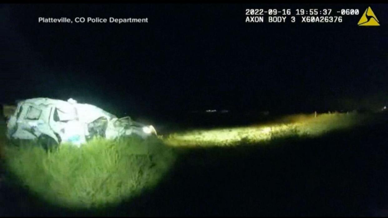 PHOTO: Body camera footage released by the Platteville, Colorado Police Department shows the train collision on Sept. 16, 2022. (Platteville, Colorado Police Department)