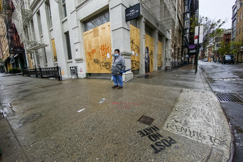 NEW YORK, NY - APRIL 30: A boarded up Coach store is seen on April 30, 2020 in New York City. Coach's parent company Tapestry reported that sales were down nearly 20 percent because of store closures due to the coronavirus (COVID-19) pandemic worldwide. (Photo by Eduardo MunozAlvarez / VIEWpress via Getty Images)
