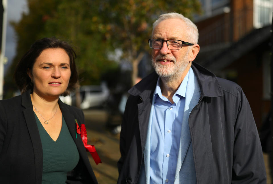 Labour leader Jeremy Corbyn with South Swindon Labour parliamentary candidate Sarah Church before a rally while on the campaign trail in Swindon, Wiltshire. PA Photo. Picture date: Saturday November 2, 2019. Photo credit should read: Aaron Chown/PA Wire