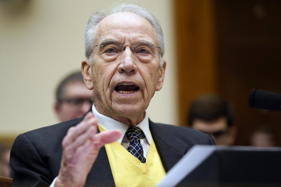 FILE - Sen. Chuck Grassley, R-Iowa, testifies during a House Judiciary subcommittee hearing on what Republicans say is the politicization of the FBI and Justice Department and attacks on American civil liberties, on Capitol Hill, Feb. 9, 2023, in Washington. (AP Photo/Carolyn Kaster, File)