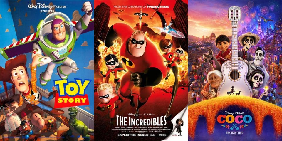 Toy Story, The Incredibles, and Coco posters