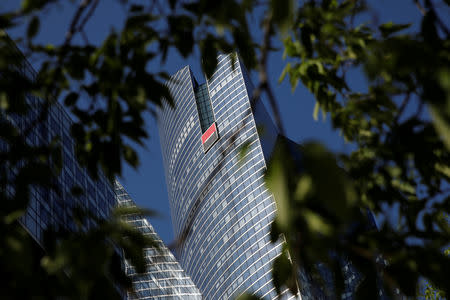 FILE PHOTO: A view shows the logo on the headquarters's of French bank Societe Generale at the financial and business district of La Defense, west of Paris, France, April 18, 2017. REUTERS/Benoit Tessier/File Photo